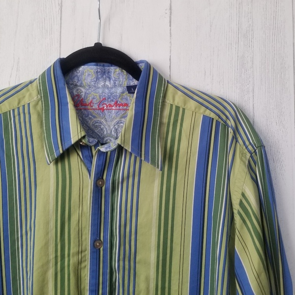 Robert Graham Green Blue Striped Shirt Sz Large - Picture 6 of 7